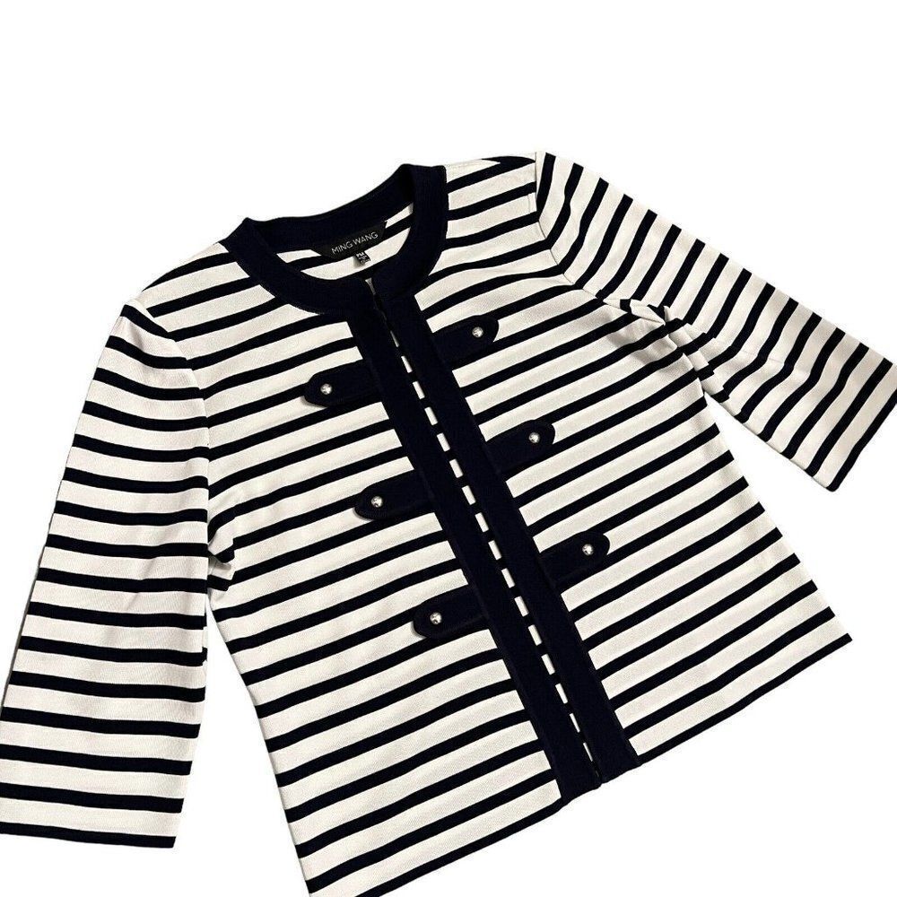 Ming Wang Women's PM Navy Blue White Striped Knit Cardigan Petite Nautical Sail
